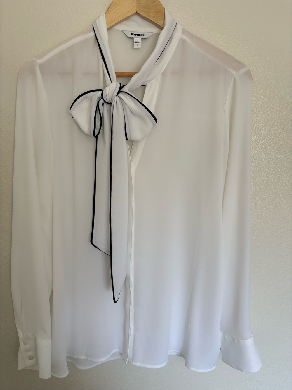 Express White Bow-Neck Blouse with Black Piping